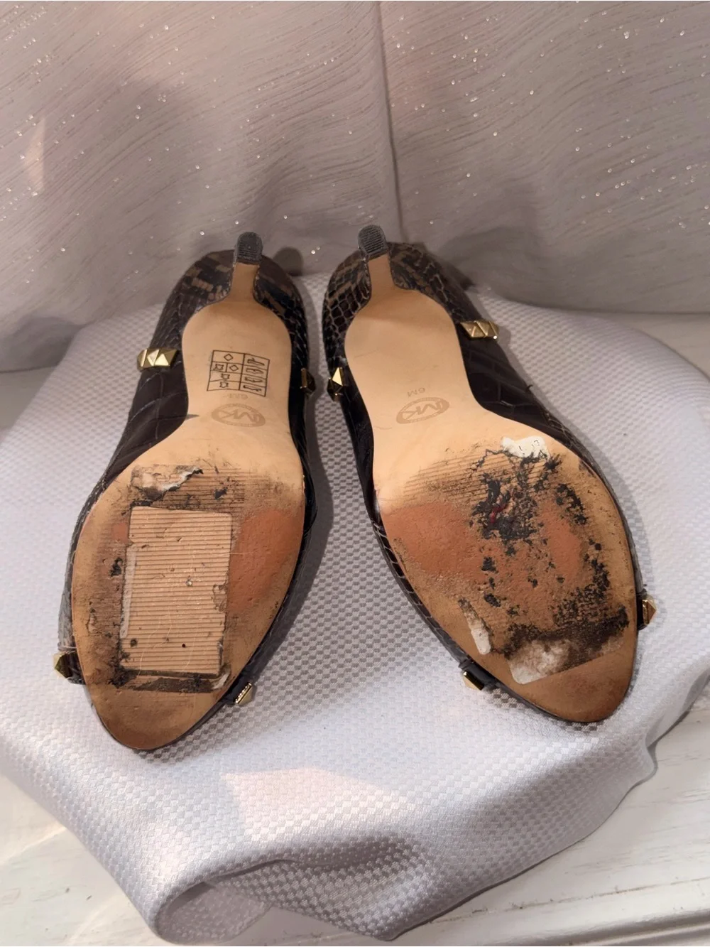 Michael Kors Brown Snake-Print Studded Peep Toe Heel